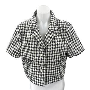 Shein Black White Houndstooth Plaid Check Short Sleeve Button Crop Shirt Top XL